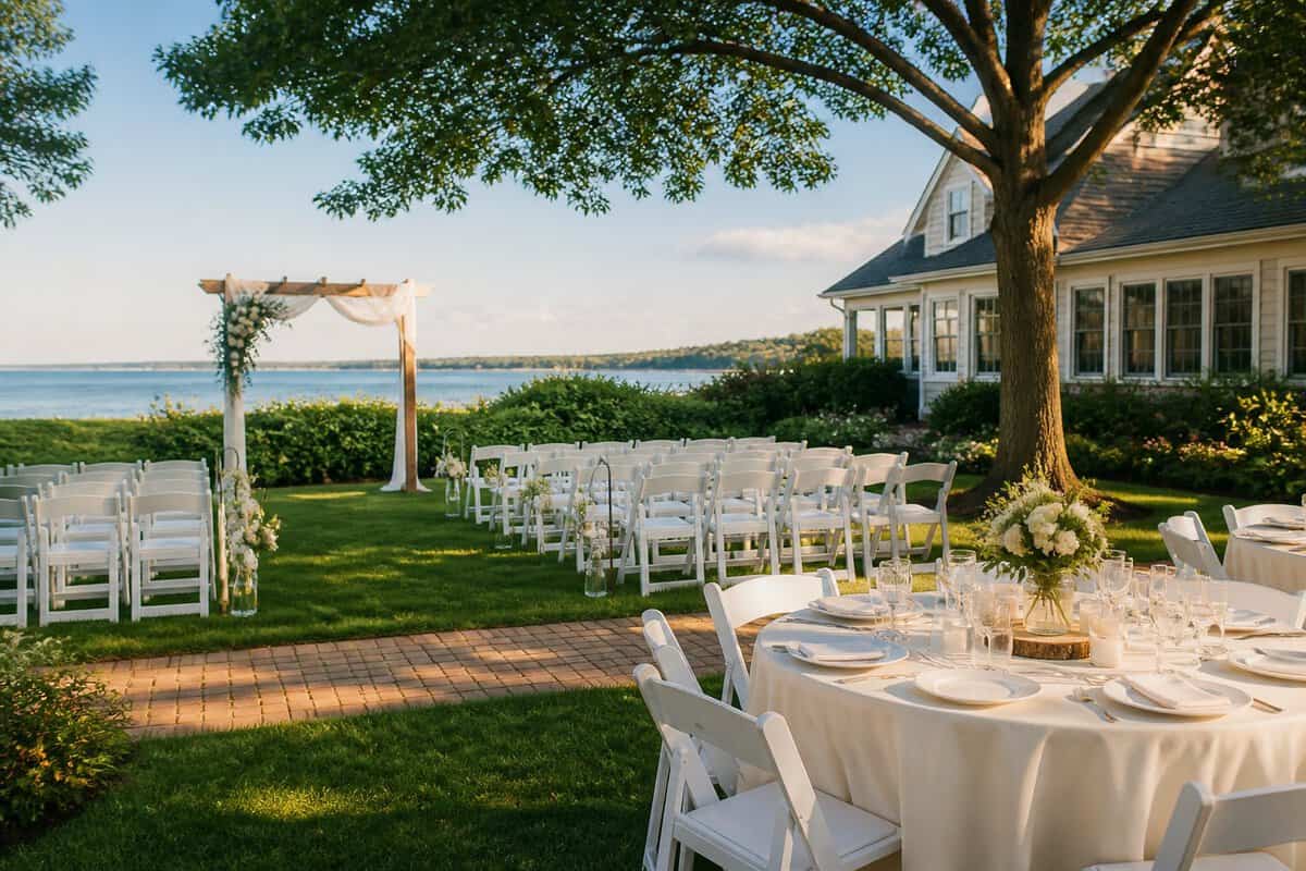 An elegant outdoor wedding ceremony and reception setup at a landscaped Long Island venue.