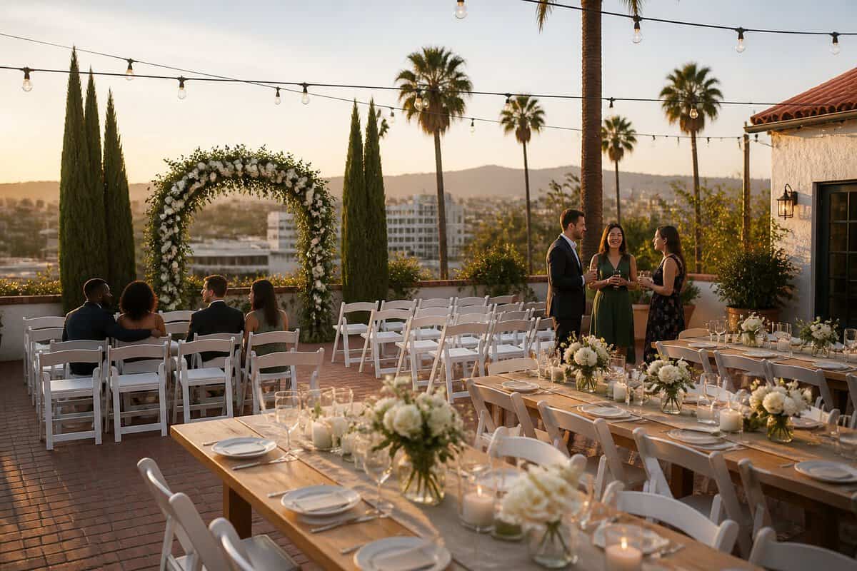 An intimate Los Angeles garden wedding venue with simple seating, floral decorations, and guests gathered at sunset.