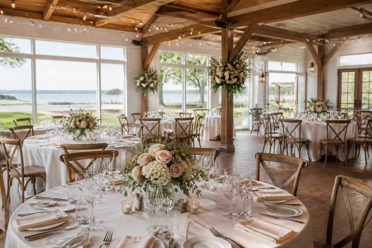 A warmly decorated wedding reception venue with tables, flowers, and natural light.