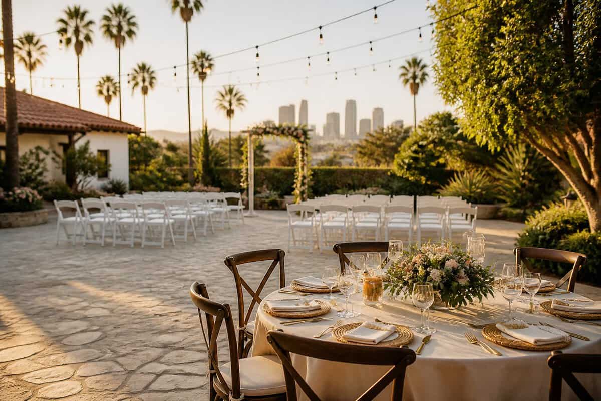 An elegant outdoor wedding venue in Los Angeles with garden seating, string lights, floral decorations, and warm evening sunlight.