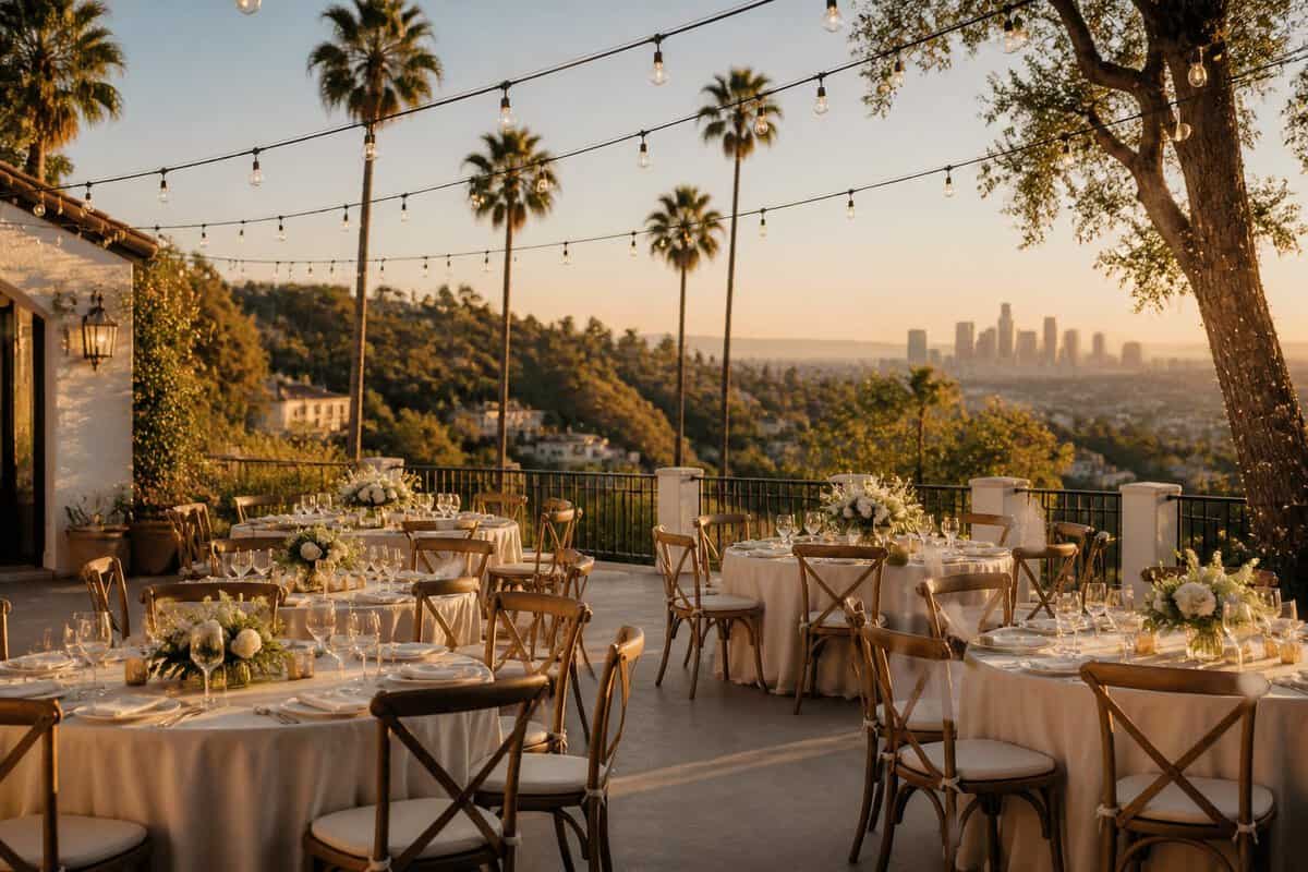 An elegant outdoor wedding venue in Los Angeles with decorated tables, string lights, flowers, and palm trees.