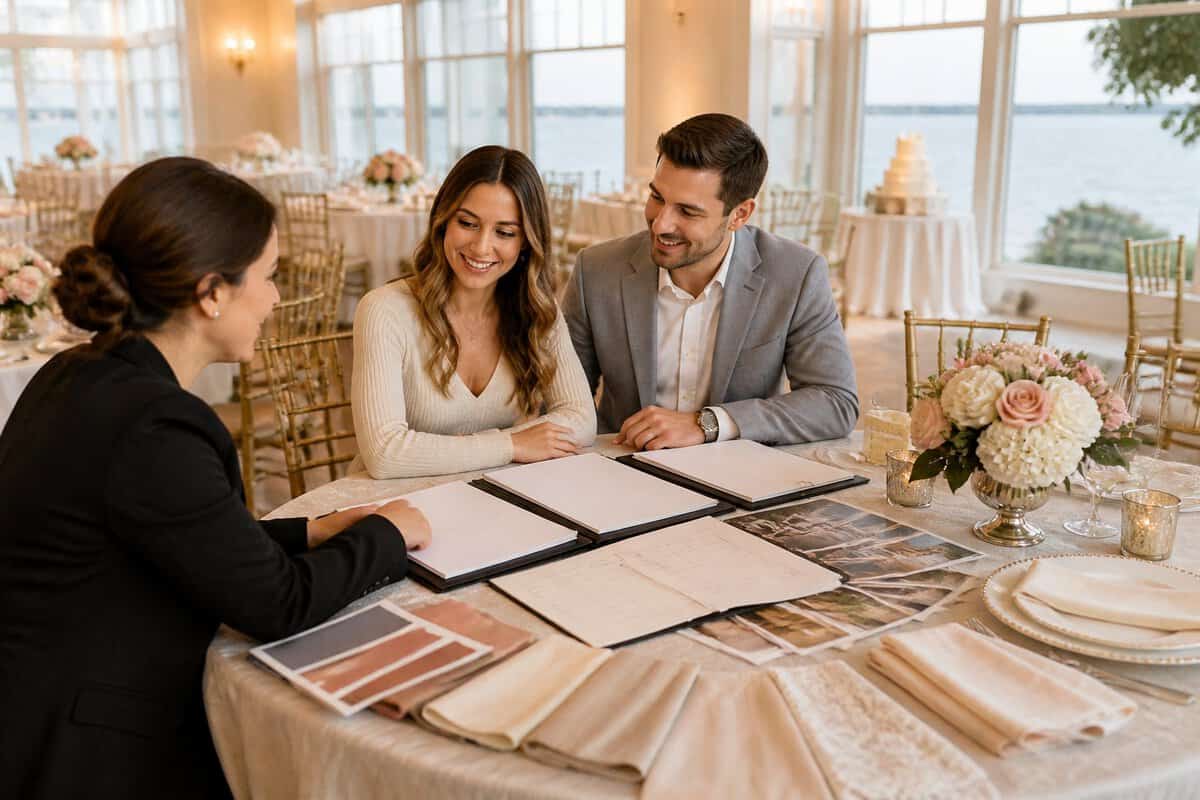 An engaged couple compares wedding package options with a venue coordinator at a bright, elegant reception hall.