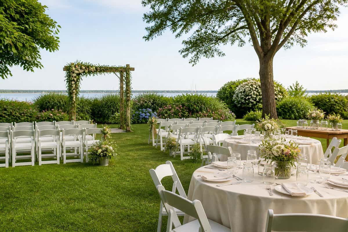 An intimate garden wedding ceremony and reception setup surrounded by flowers and greenery.