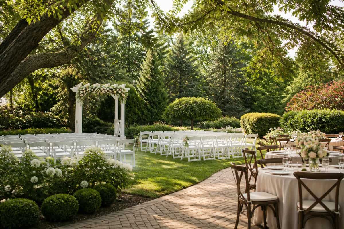 An affordable outdoor wedding setup in a lush Long Island garden with an arbor, white chairs, and simple reception tables.