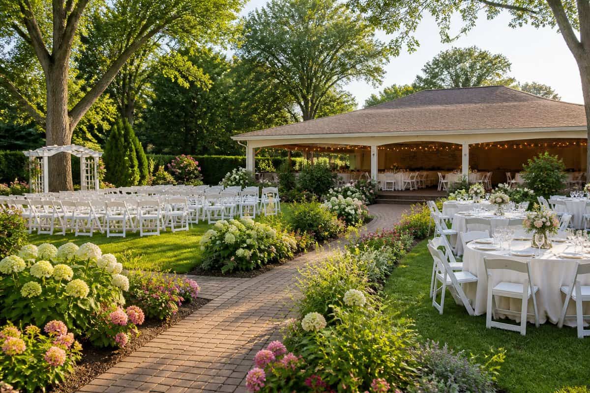 A garden wedding venue with white chairs, simple tables, flowers, lawns, and a covered reception area.