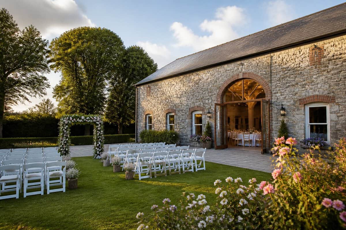 A simple wedding venue with outdoor chairs and floral decorations in the Irish countryside.