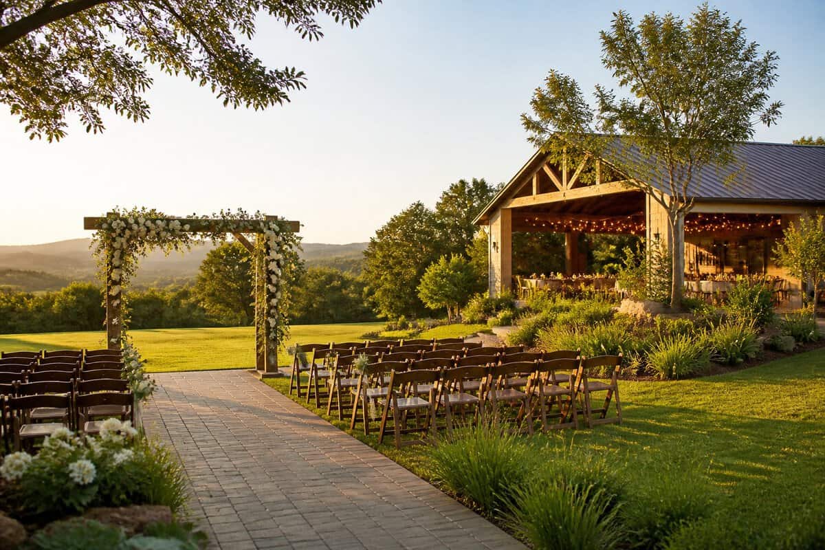A modest countryside wedding venue with garden ceremony seating, a floral arch, and a reception building surrounded by green lawns and trees.