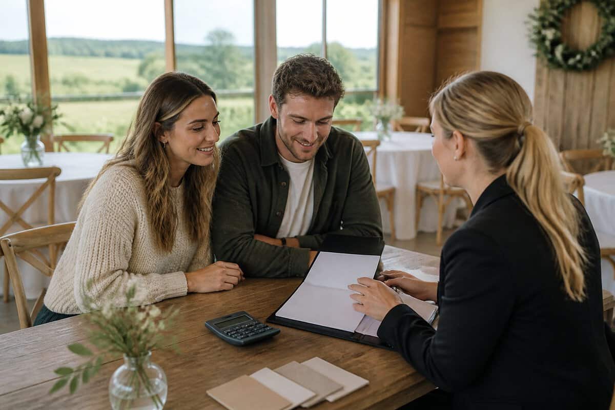A couple discusses wedding venue options with a coordinator in a welcoming countryside reception room.