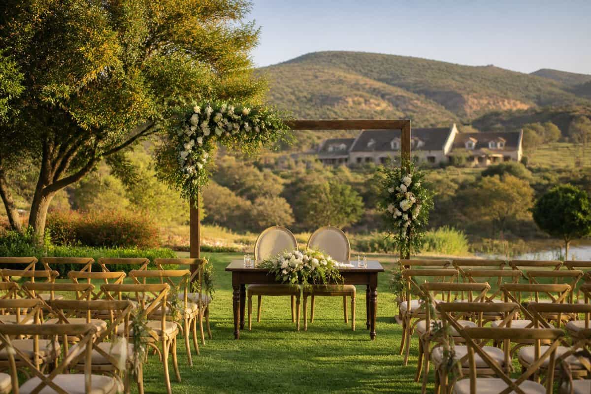 An elegant outdoor wedding setup in a landscaped countryside venue with simple floral decorations and rolling hills in the background.