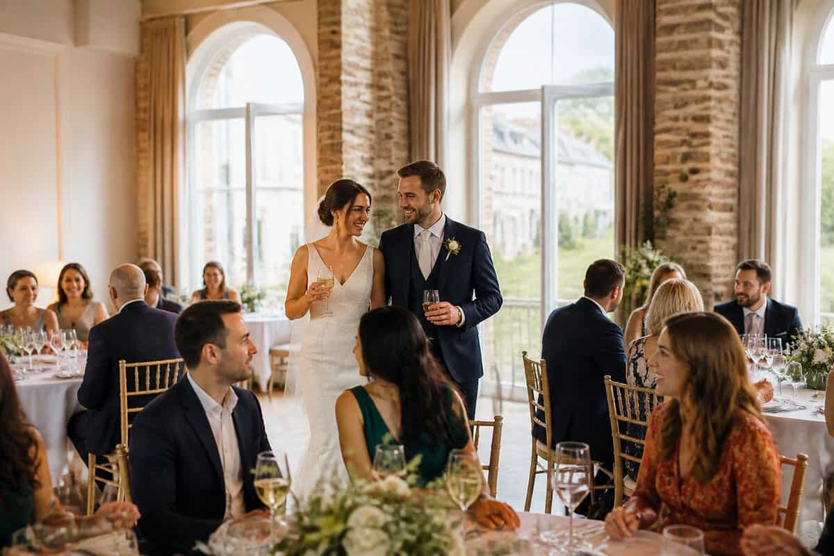 A couple and guests celebrate in an inviting, modestly decorated wedding venue in Longford Town.