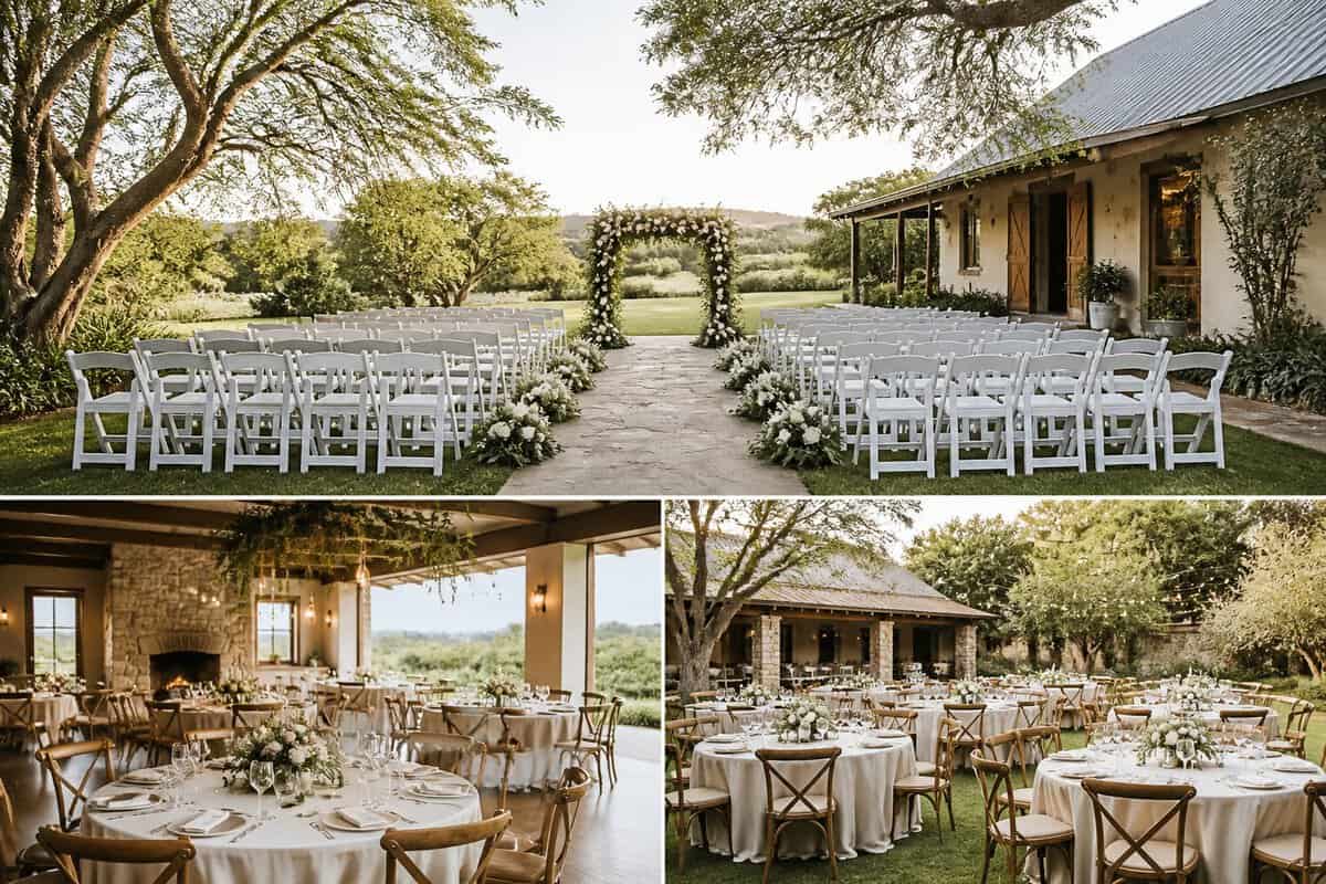 An adaptable outdoor wedding venue with white chairs, simple floral decorations, and a reception area in a landscaped countryside setting.
