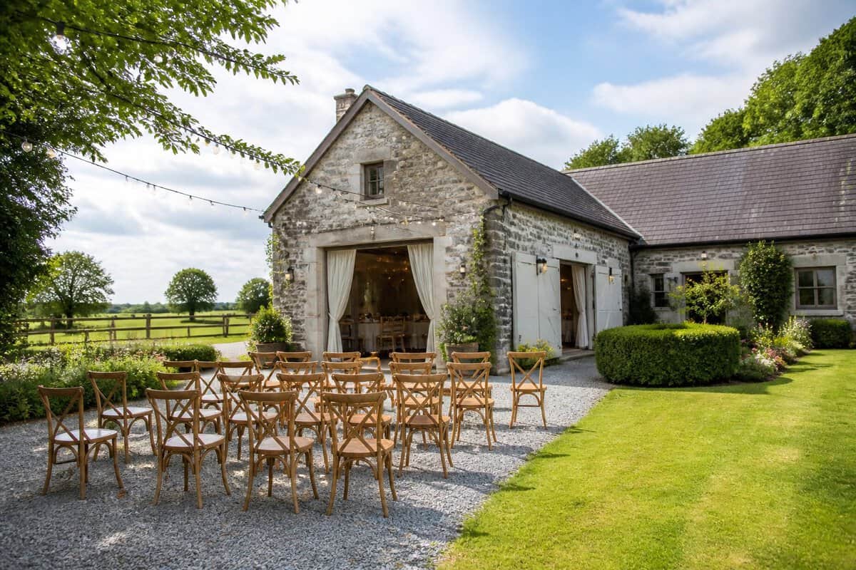 A modest countryside wedding venue with simple decorations surrounded by green fields and trees.