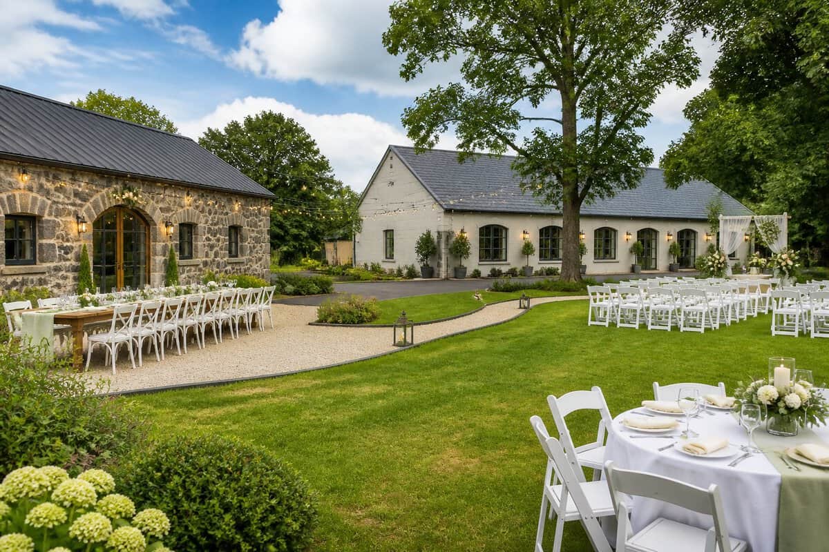 A charming countryside wedding venue with gardens, decorated tables, and simple outdoor ceremony seating.