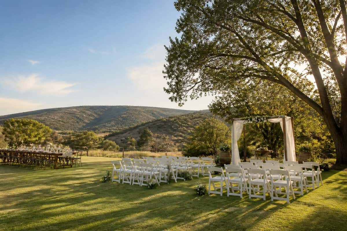 A simple outdoor wedding ceremony setup at a countryside venue in Muldersdrift, surrounded by trees and rolling green hills.
