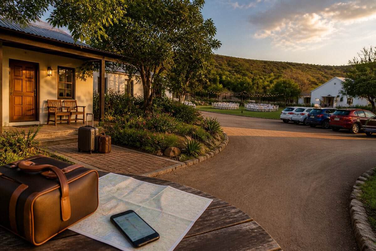 A countryside wedding venue with nearby guest cottages, parking, luggage, and travel-planning items.