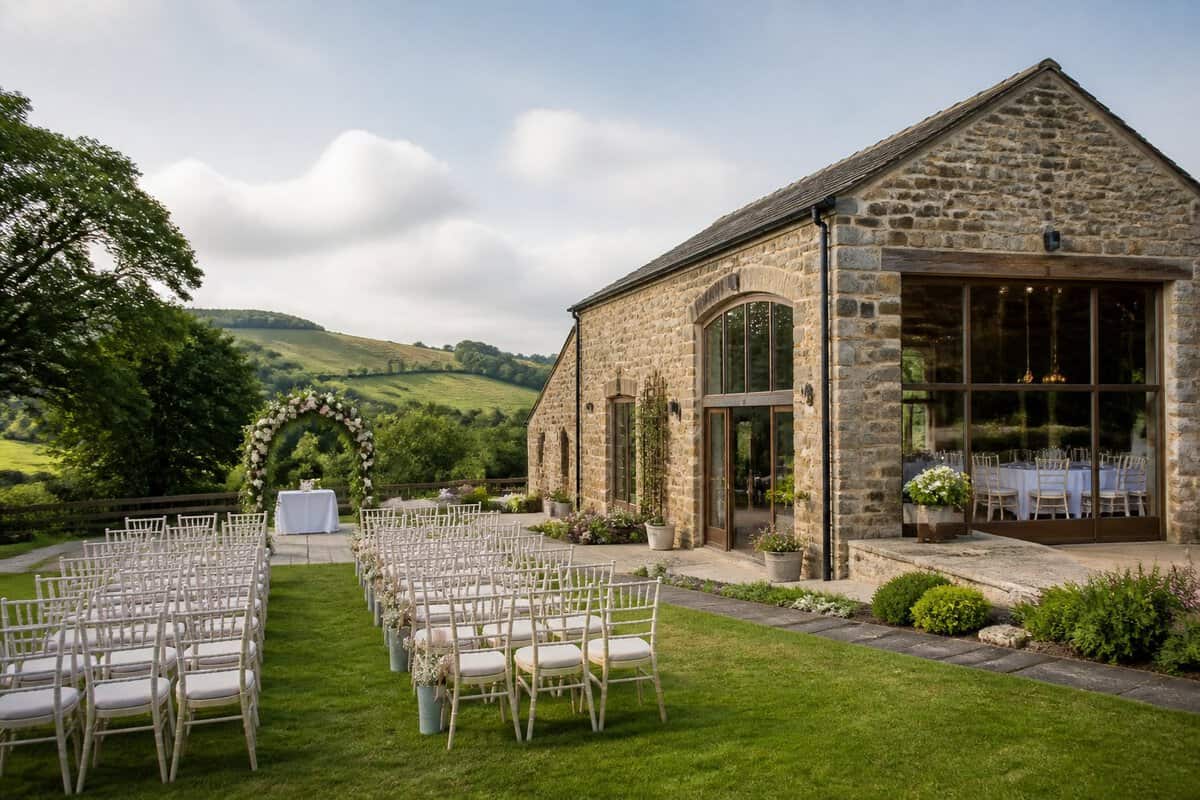 A charming countryside wedding venue with gardens, outdoor ceremony chairs, and rolling green hills.