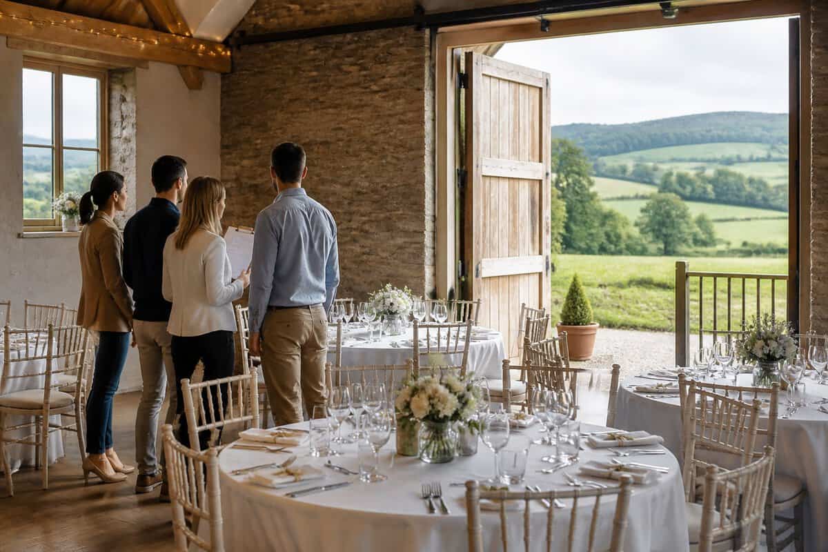 Adults compare wedding venue options in a charming countryside reception space.