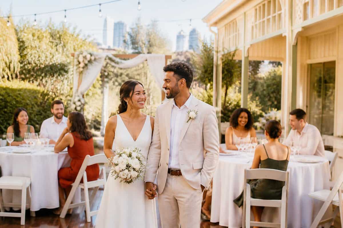 A joyful couple and guests celebrate at a modest wedding venue with simple floral decorations and warm string lights.