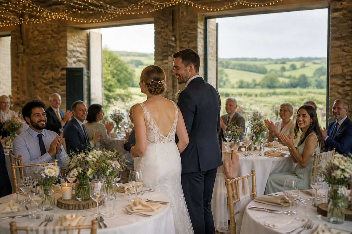 A couple and guests celebrate at a modest wedding reception in a rustic countryside venue near Longridge.