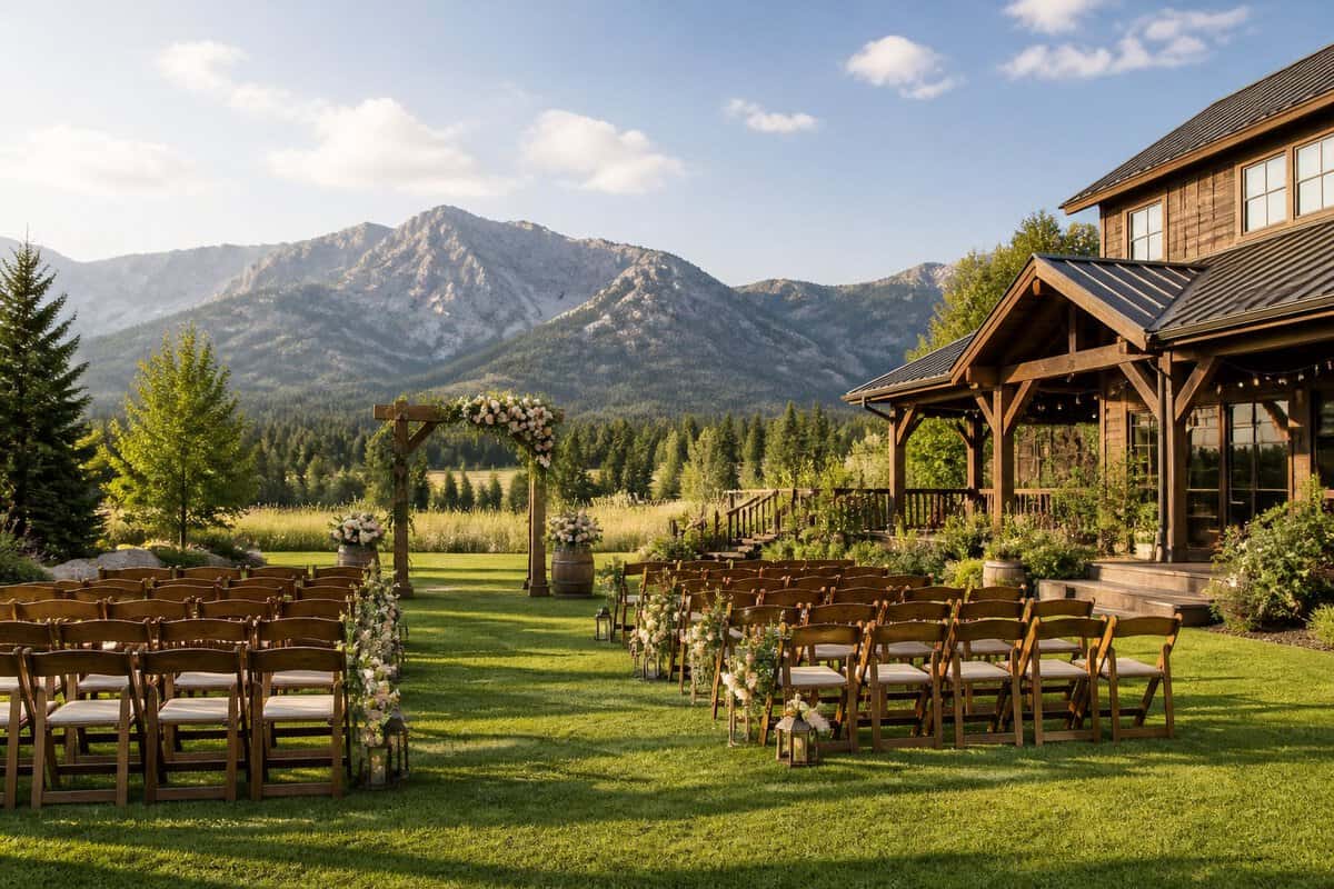 A modest outdoor wedding venue with simple decorations beside a meadow and mountain range.