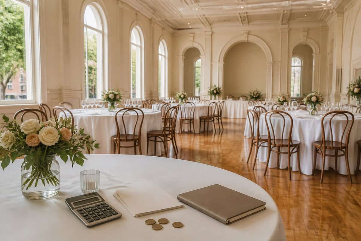 An affordable wedding reception venue with simple decorations and budgeting items on a foreground table.