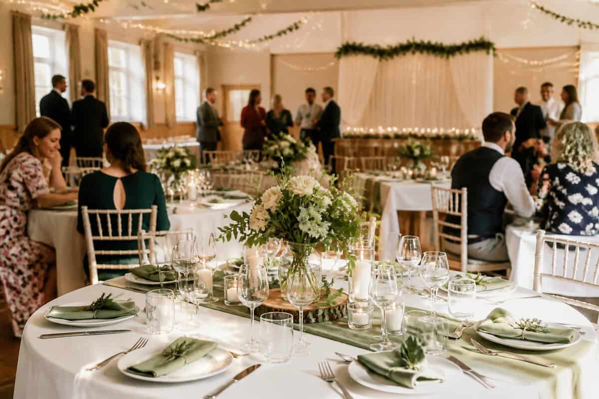 An elegantly decorated hall wedding reception with floral centerpieces, candles, and guests gathered around simple table settings.
