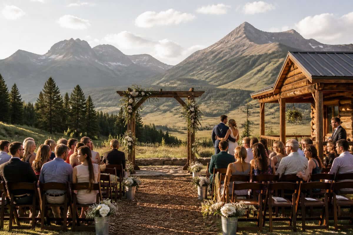 A modest outdoor wedding venue with simple decorations in a mountain valley.
