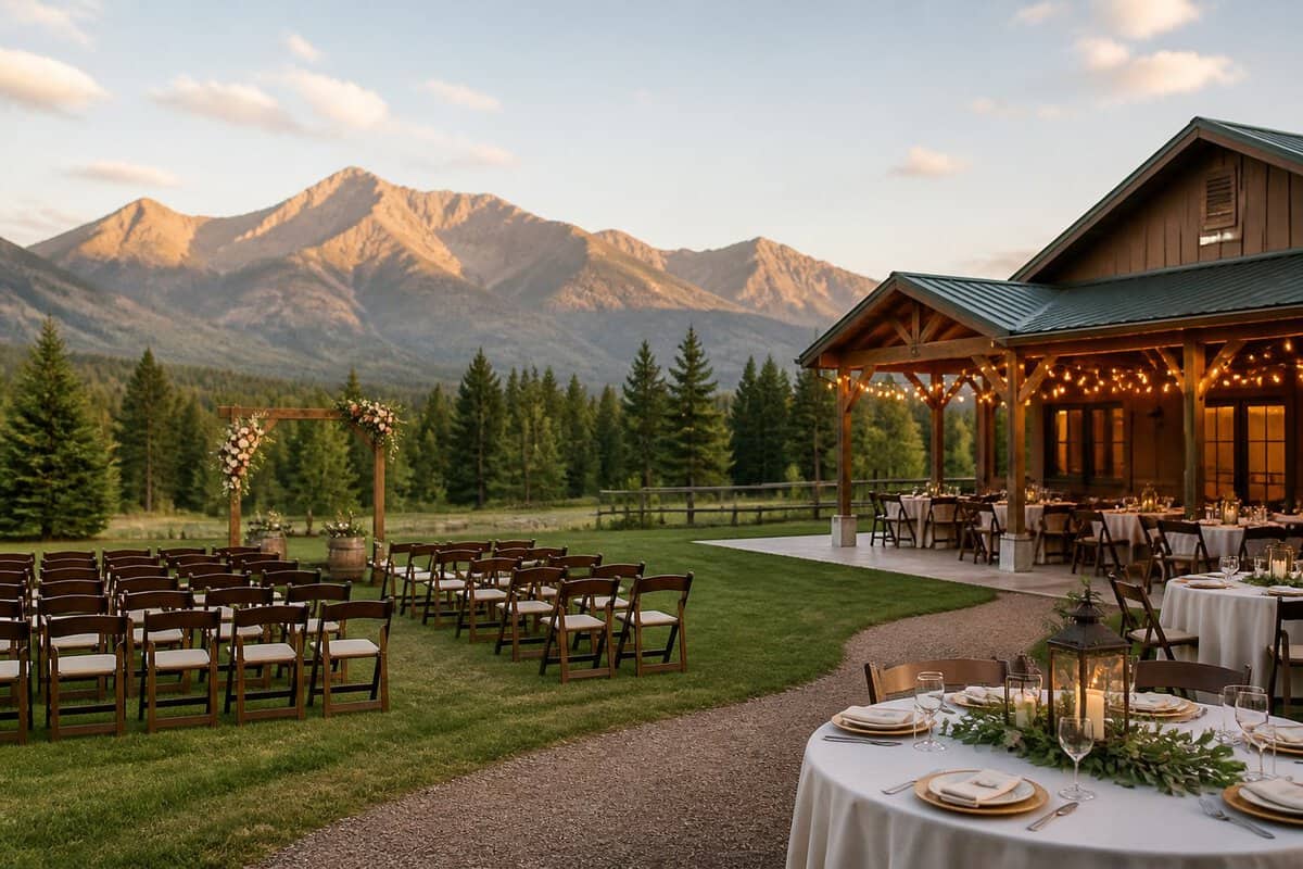 A modest outdoor wedding venue with simple decorations in a meadow beneath towering mountain peaks.