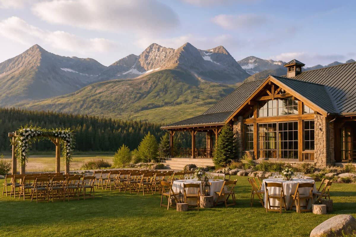 A rustic wedding venue with simple decorations in a meadow surrounded by mountains and evergreen trees.