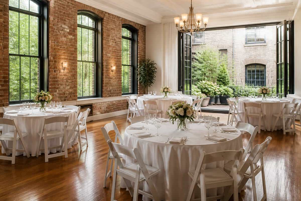 An affordable wedding reception venue in Montreal with simple elegant decor and tables set for guests.