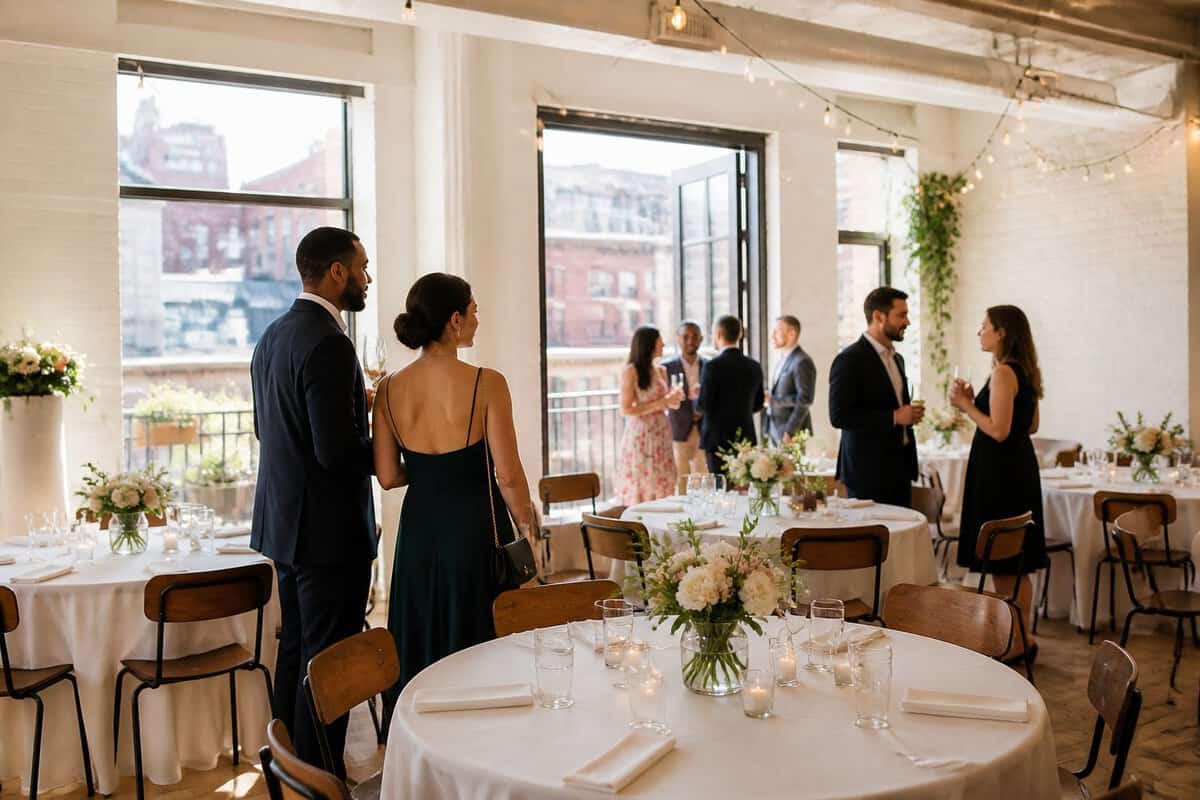 A couple and guests admire an elegantly decorated, affordable wedding reception venue in Montreal.