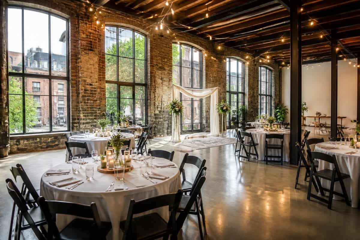 A bright loft-style event space in Montreal arranged for an intimate wedding celebration.