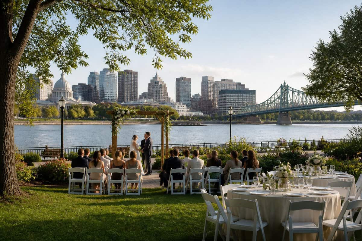A simple outdoor wedding ceremony in a green park beside calm waterfront in Montreal.