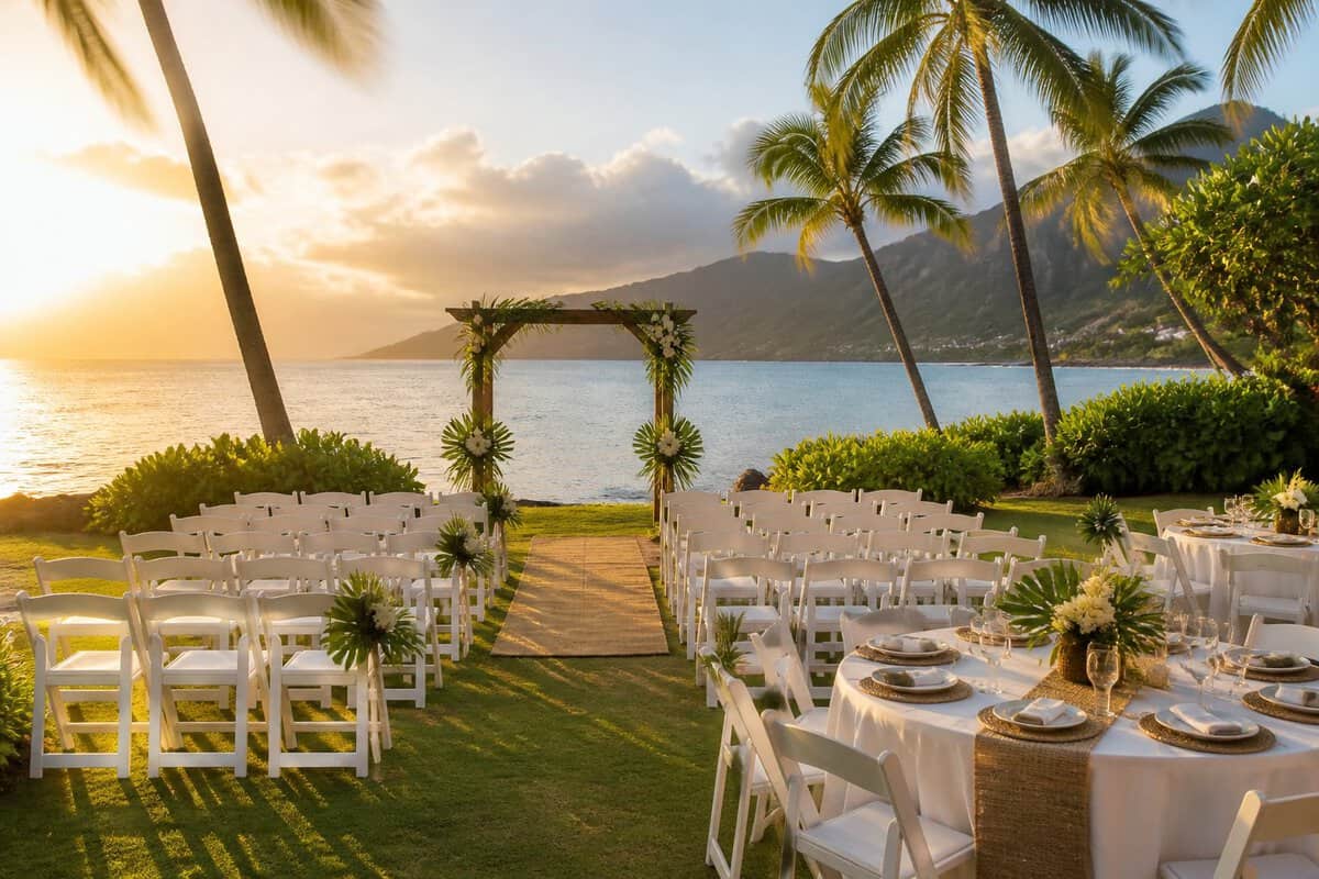 A simple beach wedding setup with white chairs, a floral arch, palm trees, ocean, and mountains on Oahu.