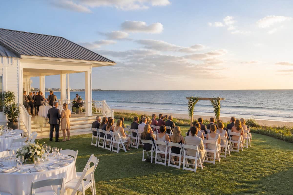 A modest seaside wedding venue with white chairs, a floral arbor, guests, and the ocean in the background.