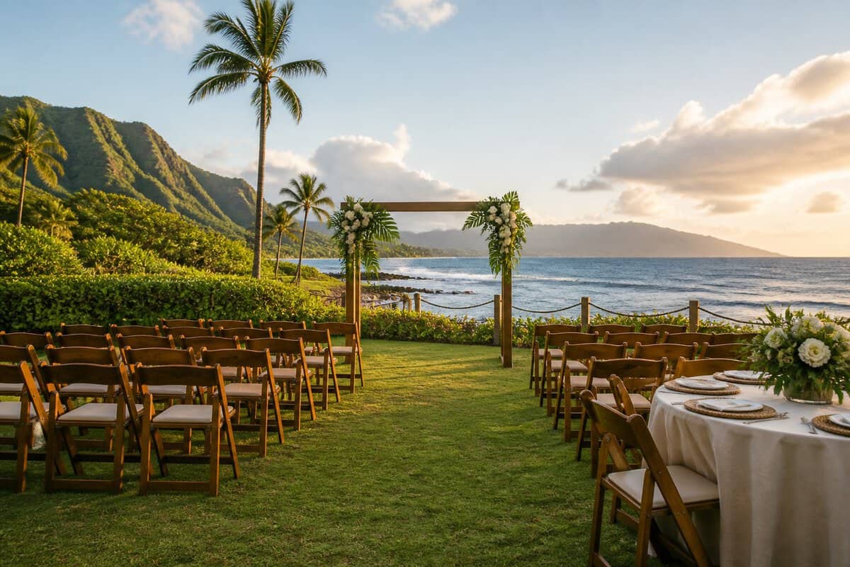 An intimate outdoor wedding setup overlooking the lush Oahu coastline.