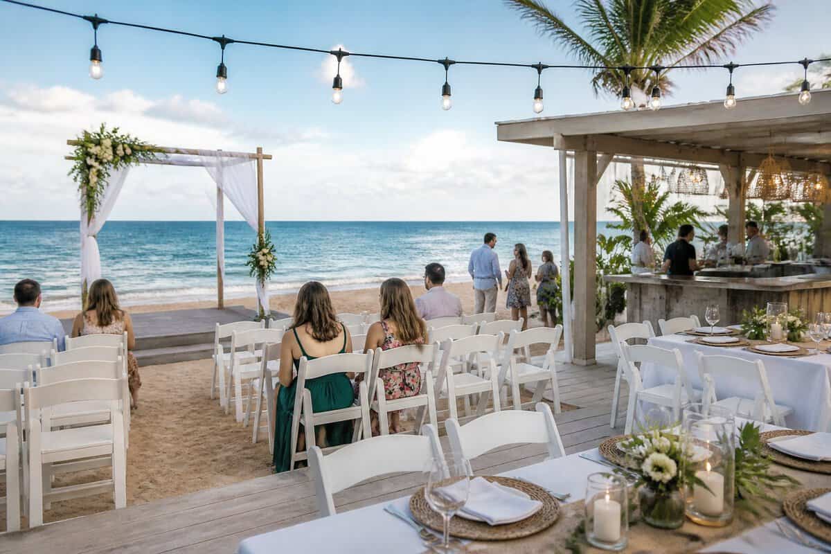 A simple seaside wedding venue with white chairs, a decorated ceremony arch, reception tables, and the ocean in the background.