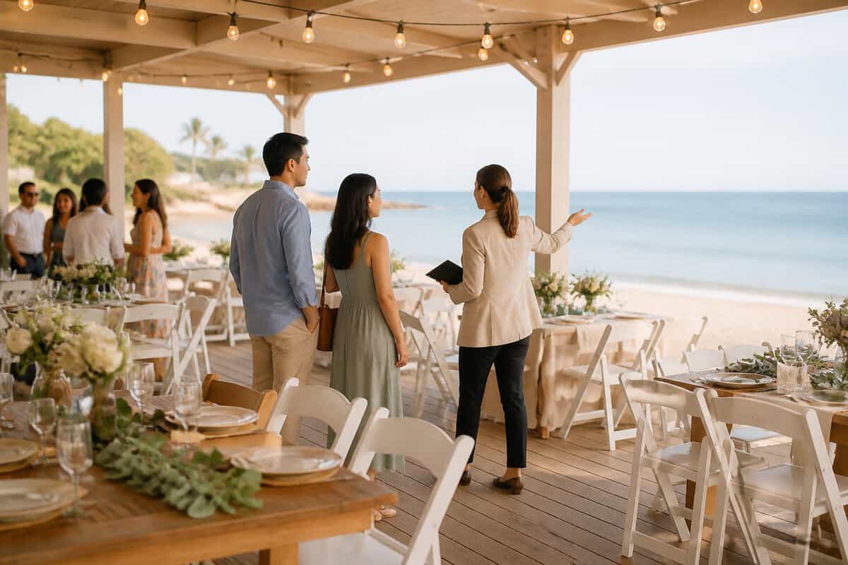 A couple tours a modest decorated wedding venue beside a sandy beach and calm ocean.