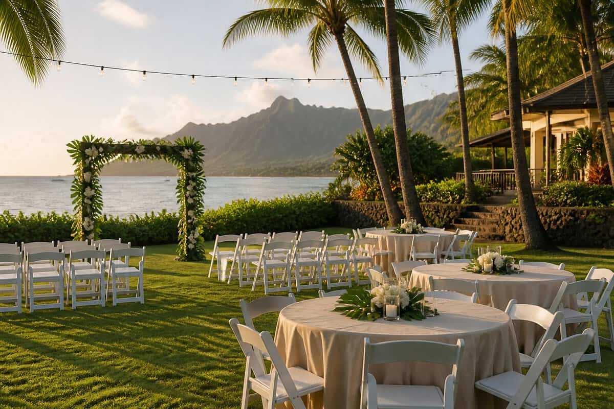 A modest outdoor wedding venue with white chairs, tropical greenery, and ocean and mountain views on Oahu.