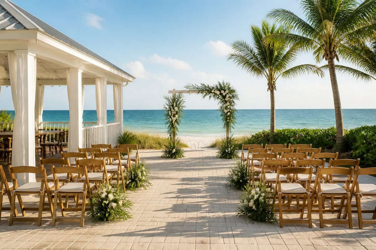 A simple coastal wedding venue with white chairs, floral decor, palm trees, and a sandy Florida beach.