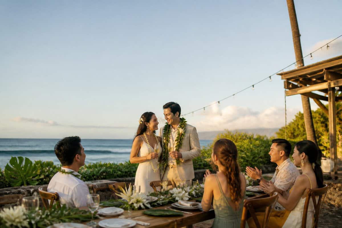 Newlywed couple celebrating with guests at a simple tropical outdoor wedding venue on Oahu.