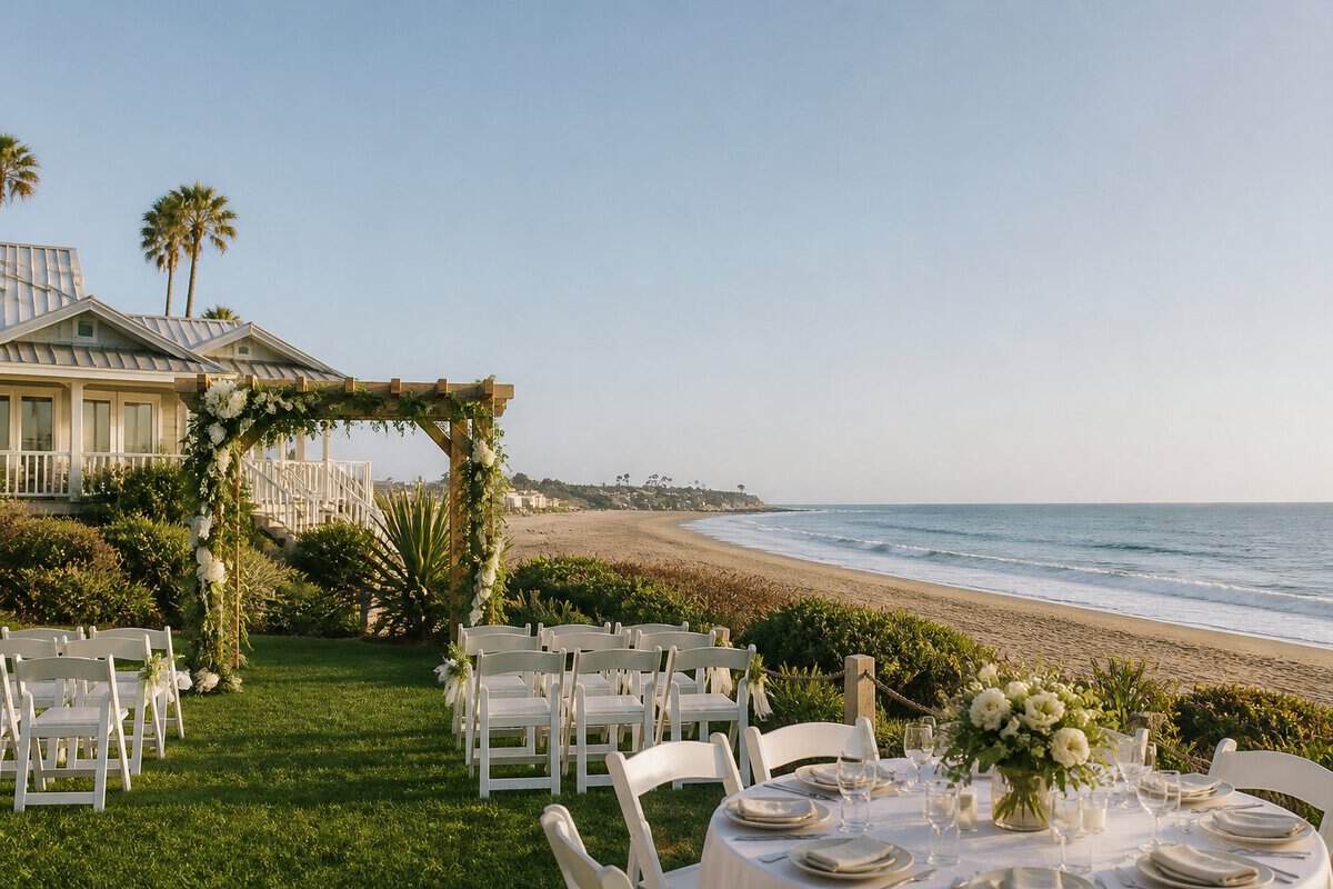 A simple seaside wedding setup with white chairs, a flower-covered arbor, and a reception table overlooking the beach.