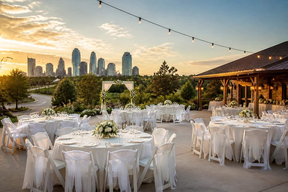 An elegant, modest wedding venue with decorated tables and a distant city skyline.