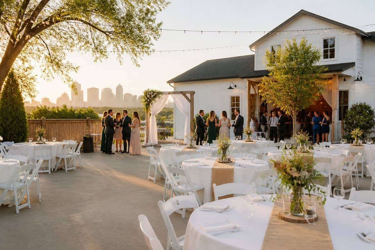 A modest wedding venue with simple decorations and a distant city skyline.