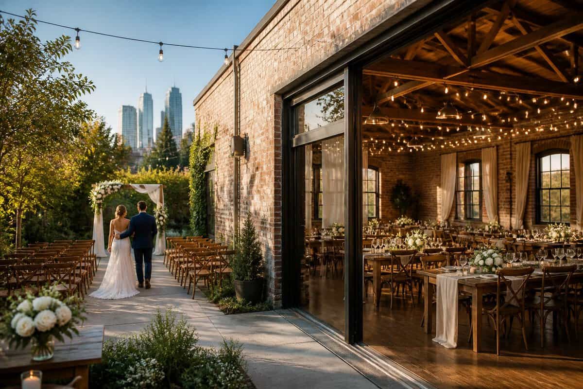 A charming affordable wedding venue with simple decorations and city buildings in the background.