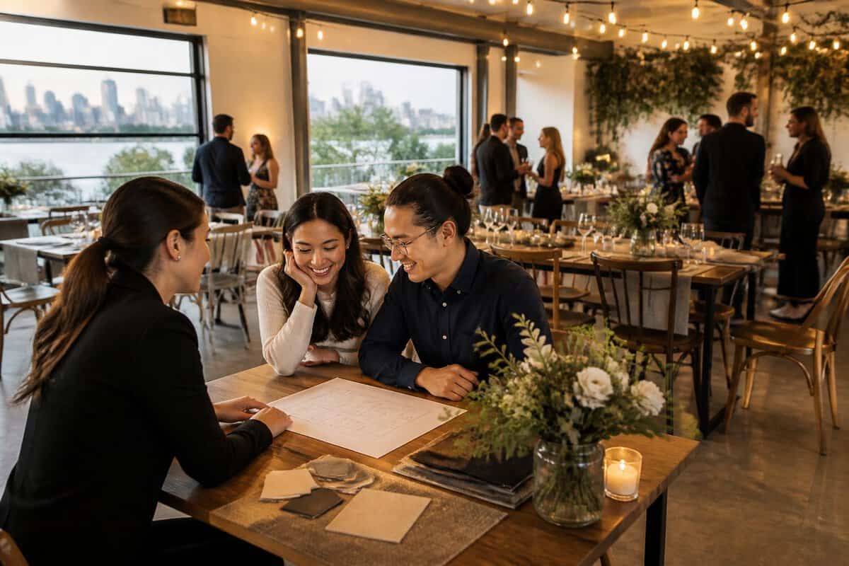 A couple discusses wedding venue options with a coordinator in an affordable, warmly decorated reception space near New York City.