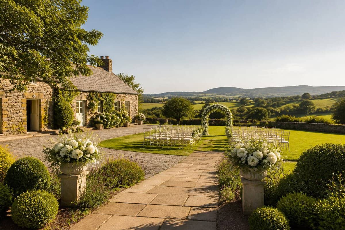 A charming wedding venue with simple decorations, garden seating, and green countryside surroundings.