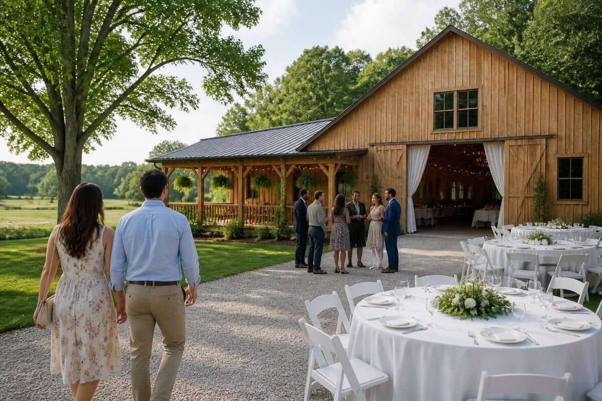 A couple and wedding guests explore a charming rustic wedding venue surrounded by Ontario countryside.