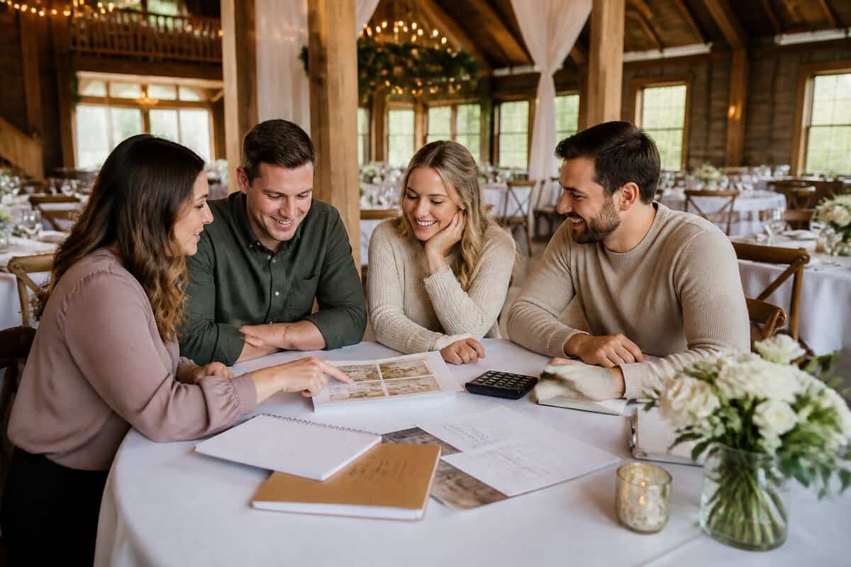 A couple and wedding guests review planning materials at a warmly decorated Ontario wedding venue.