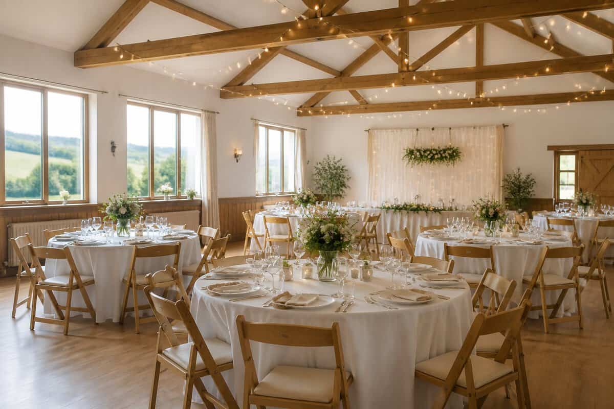 A modest wedding reception venue with simple decorations and tables in a scenic countryside setting.